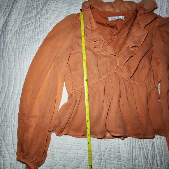NWOT Abercrombie & Fitch Womens Sz M Blouse Top Rust Ruffle V Neck Puff Sleeves - Picture 4 of 7